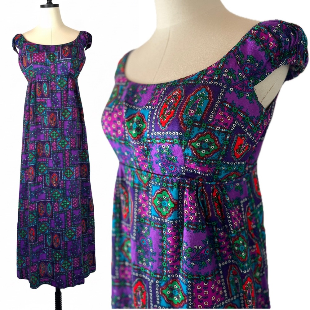 Vintage Hawaiian Purple Psychedelic Floral Patterned Maxi Dress Cap Sleeve Sa-Ne